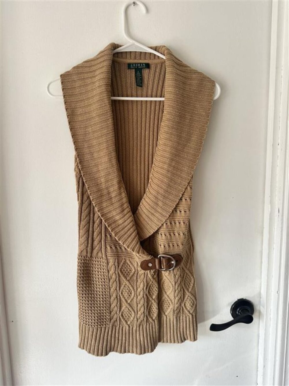 Ralph Lauren Brown Sleeveless Cable Knit Collared Sweater w/ Buckle